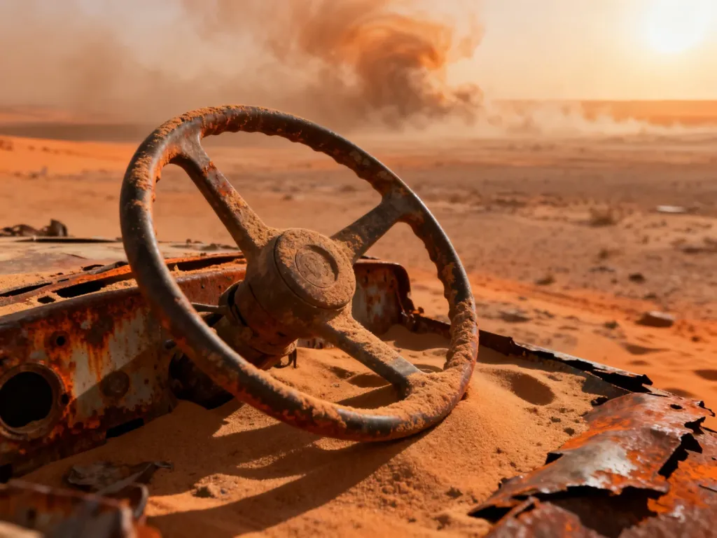 Pustynny krajobraz w stylu postapokaliptycznym z zakurzoną kierownicą na pierwszym planie, nawiązujący do świata Mad Max.