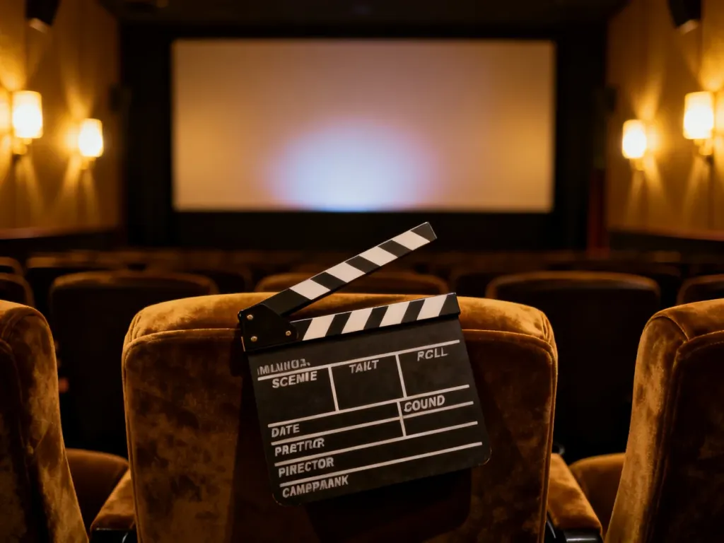 Klapa filmowa na kinowym fotelu w pustej sali, podkreślająca filmowy klimat oczekiwania na premierę.