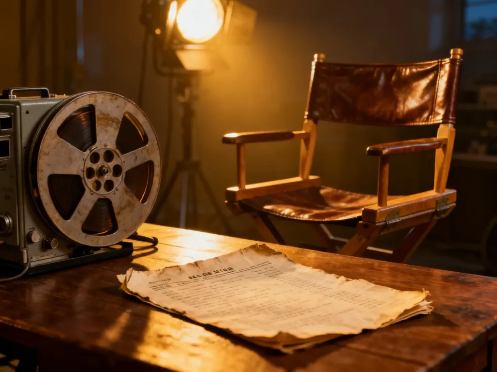 Stylowa kompozycja z rolką filmową, krzesłem reżyserskim i scenariuszem, przywołująca klimat klasycznego kina.