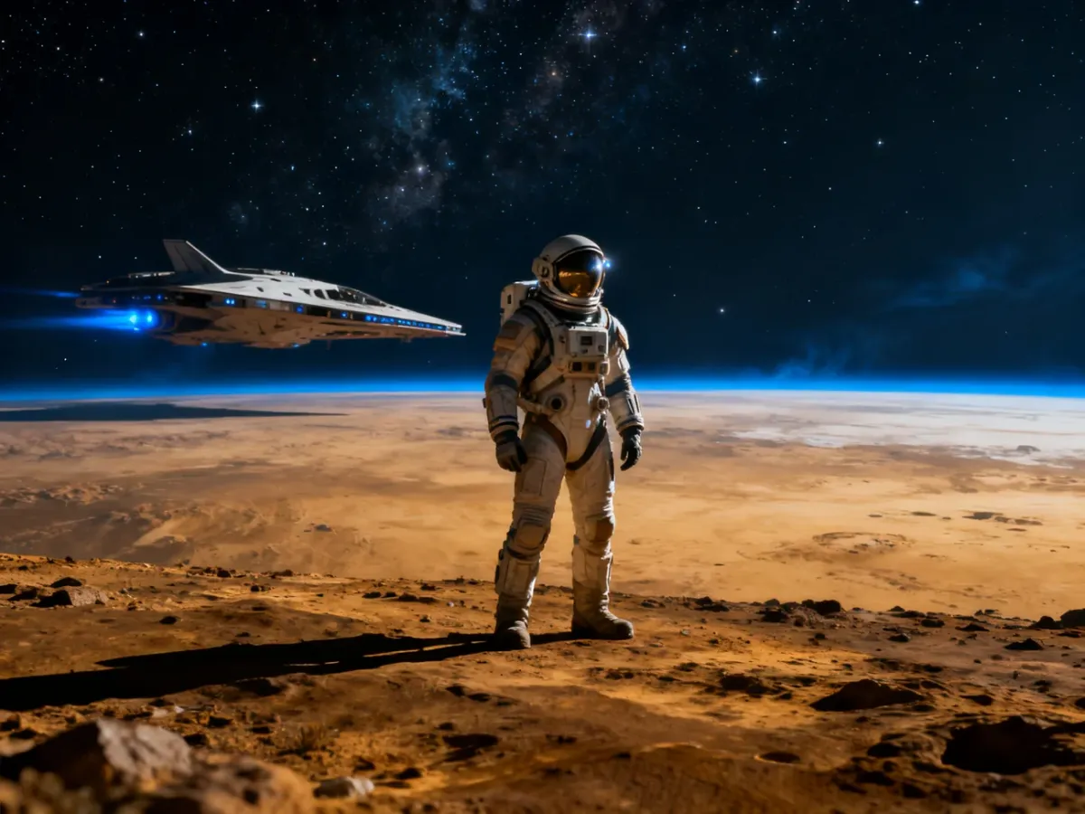 Astronauta na obcej planecie z futurystycznym statkiem kosmicznym w tle