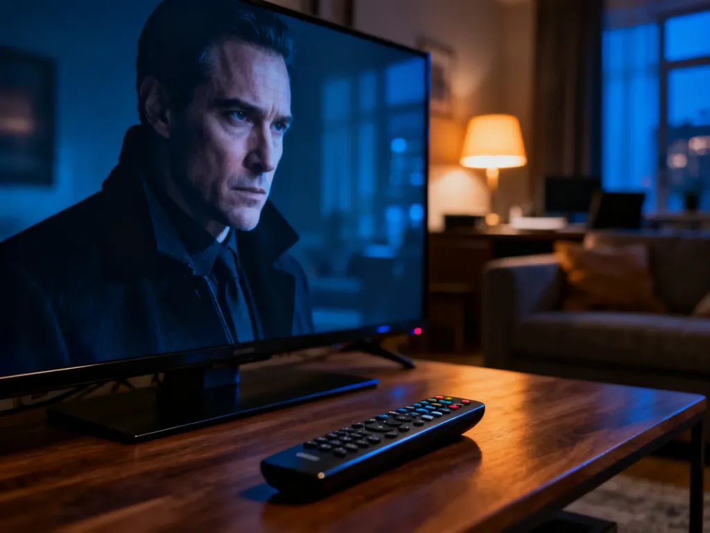 Nowoczesny telewizor w przytulnym salonie wyświetlający mroczny serial szpiegowski w wieczornej scenerii.