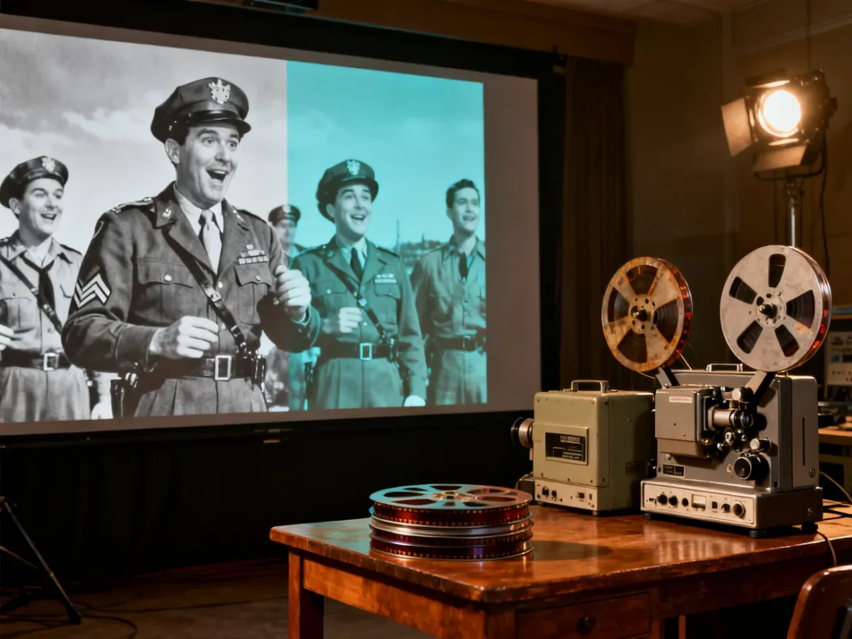 Vintage film restoration studio with black-and-white footage changing to color