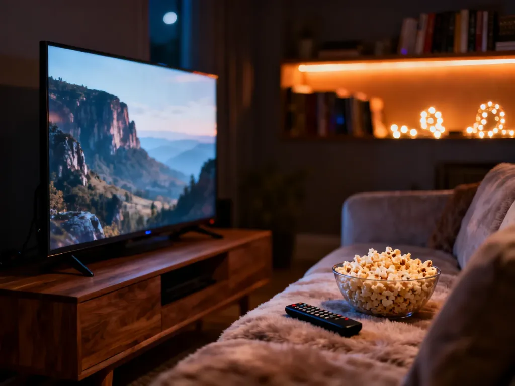 Przytulny salon z włączonym telewizorem, miską popcornu i nastrojowym oświetleniem, idealny do wieczornego oglądania seriali.