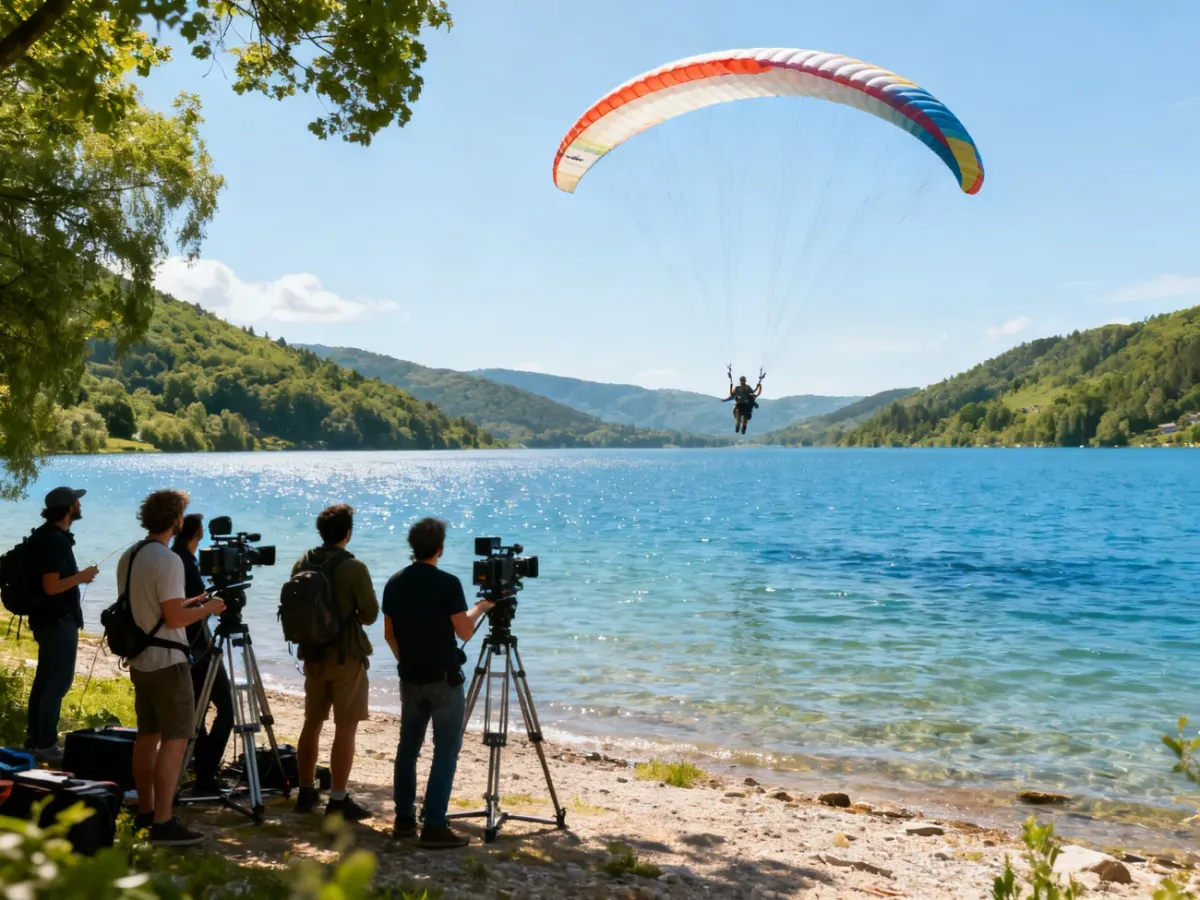 Plan filmowy nad jeziorem z paralotnią w tle