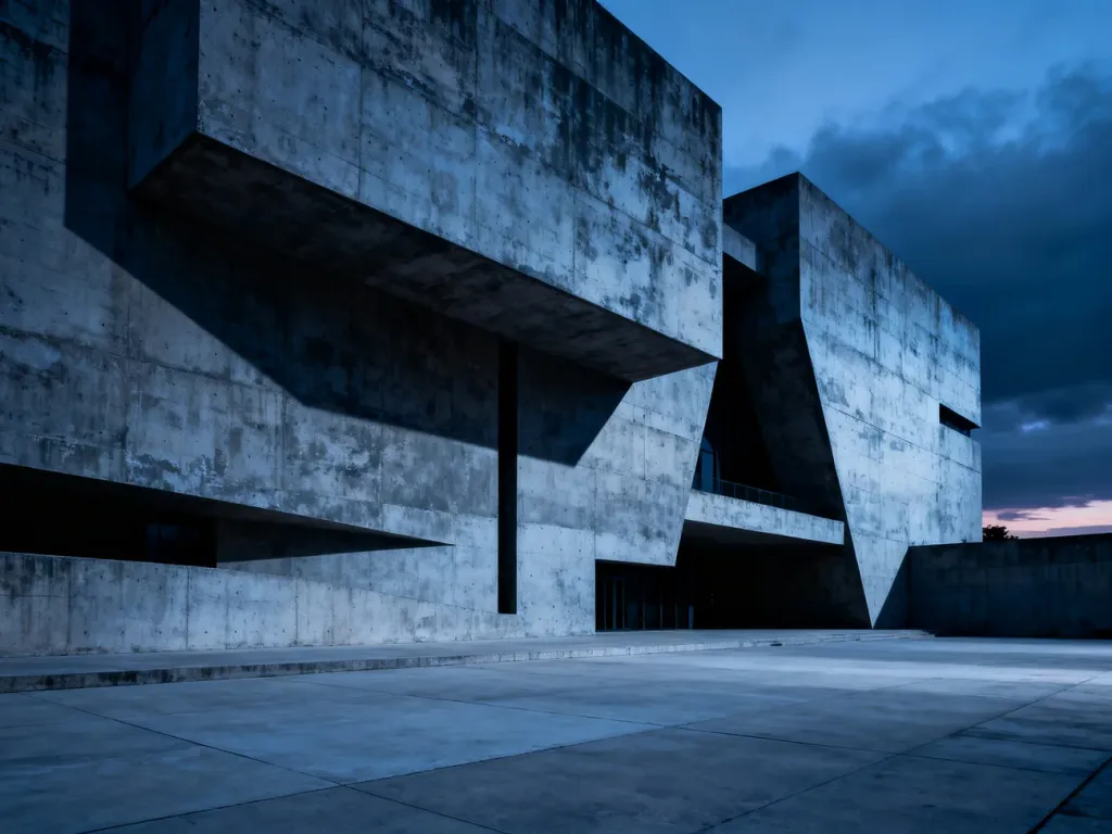 Surowy, betonowy budynek w stylu brutalistycznym o ostrych geometrycznych kształtach na tle pochmurnego nieba.