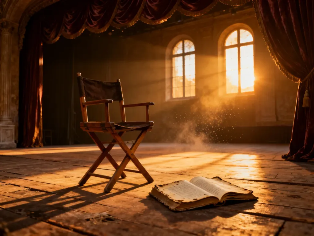 Pusta scena szesnastowiecznego teatru z rekwizytami, nawiązująca do klimatu filmu Hamnet.