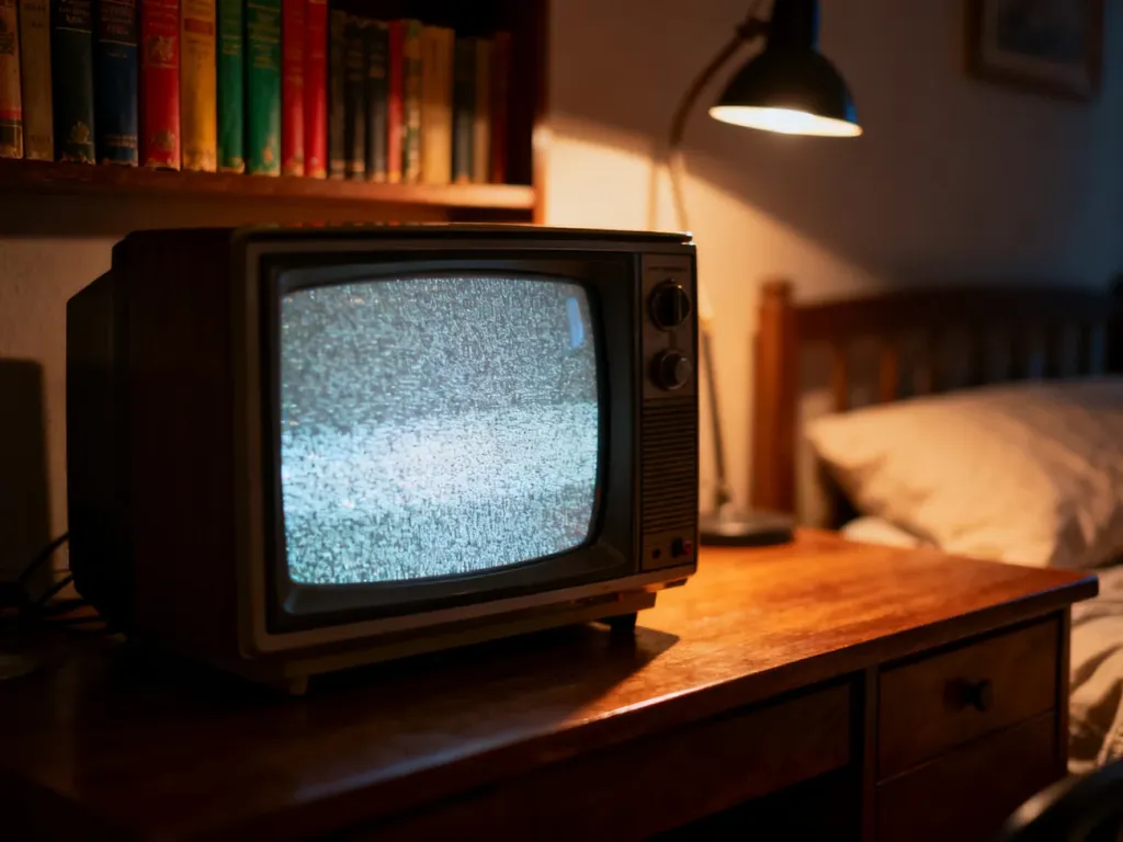 Stary telewizor w przytulnym pokoju z migoczącym ekranem, nawiązujący do klimatu serialu Sex Education.