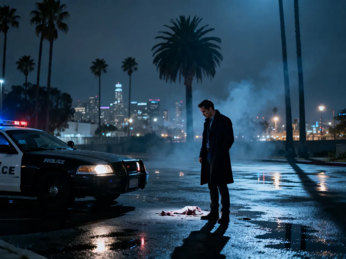 Detektyw badający miejsce zbrodni nocą w Los Angeles