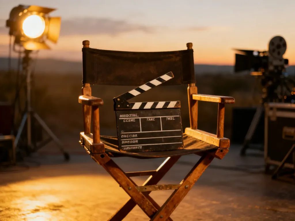 Klapa filmowa na reżyserskim krześle w profesjonalnym studiu filmowym, zapowiadająca premierę filmu.