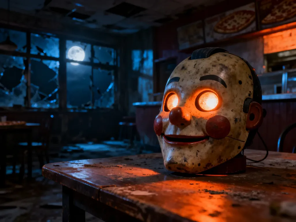 Zniszczona maska animatronika z jarzącymi się oczami w mrocznym, opuszczonym wnętrzu pizzerii z serii Five Nights at Freddy's.