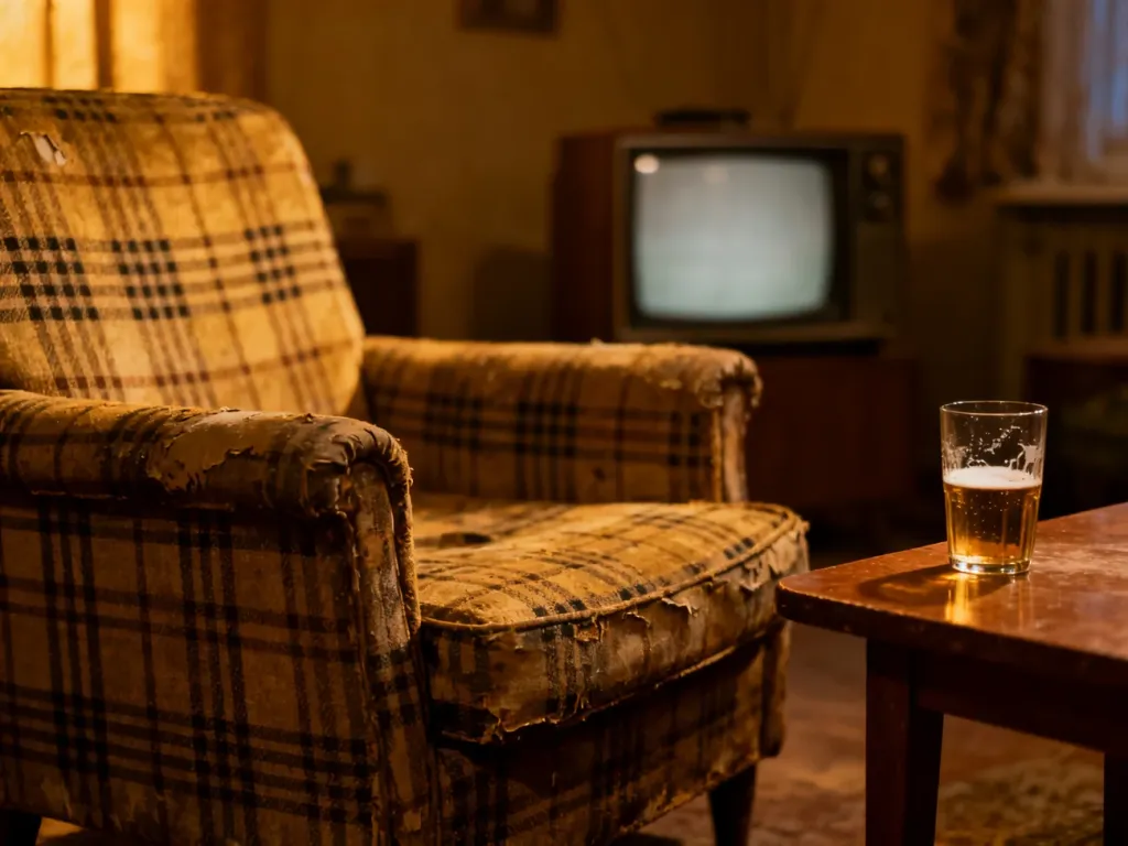 Wnętrze salonu w stylu kultowego serialu z charakterystycznym fotelem i szklanką piwa, przywołujące nostalgię za Kiepskimi.
