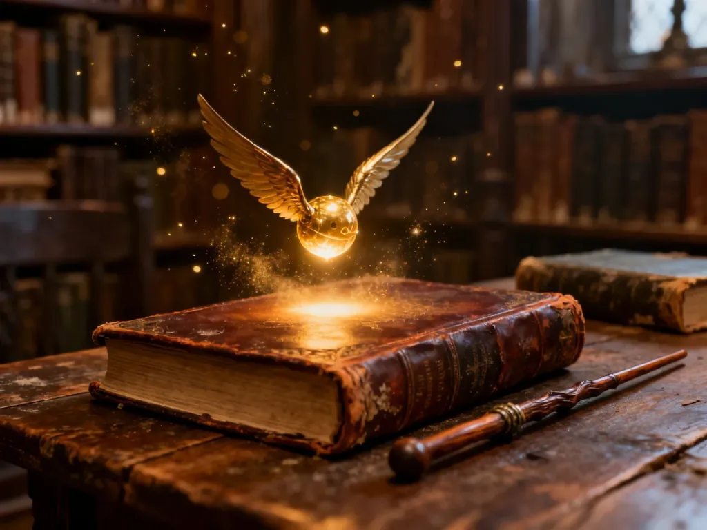 Magiczna księga, różdżka i unoszący się znicz na tle biblioteki, budujące klimat świata Harry'ego Pottera.