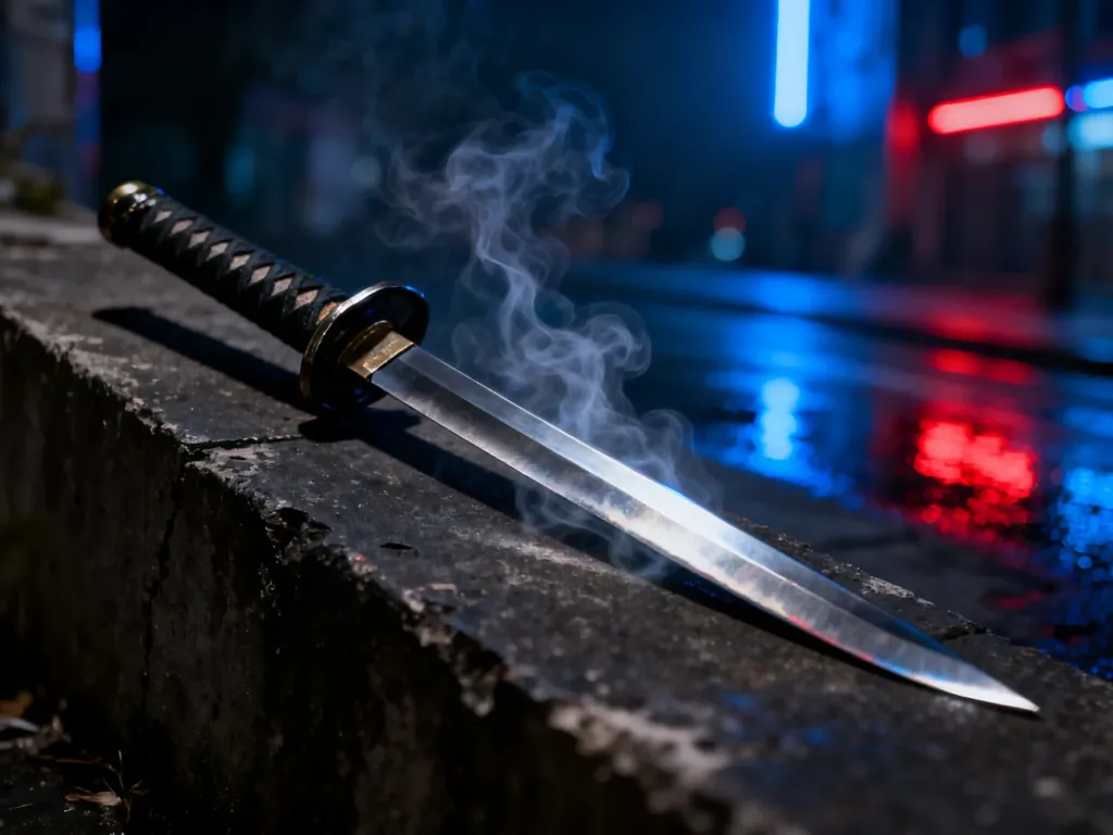 Katana leżąca na betonowym podłożu na tle nocnego, neonowego miasta w klimacie anime Chainsaw Man.