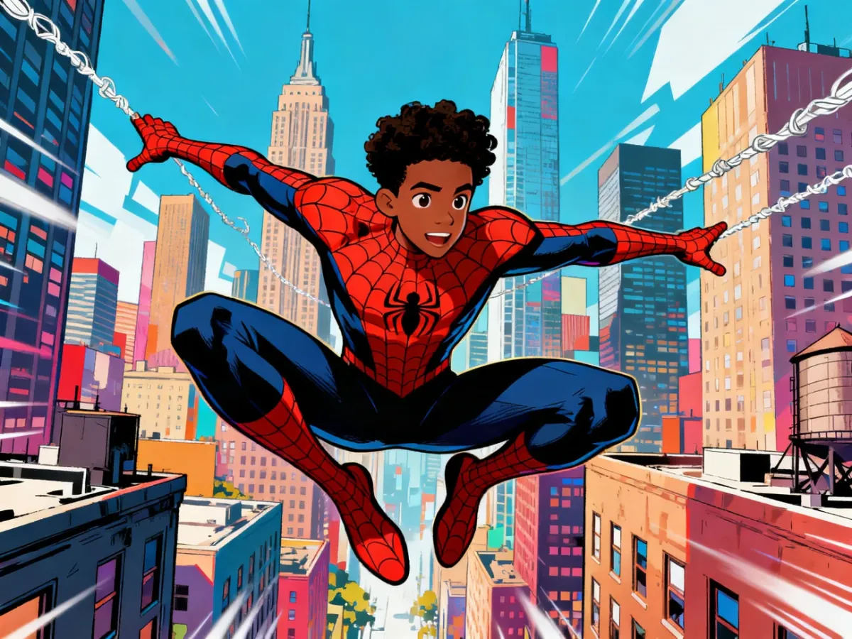 Młody Spider-Man przeskakujący między wieżowcami w komiksowej animacji