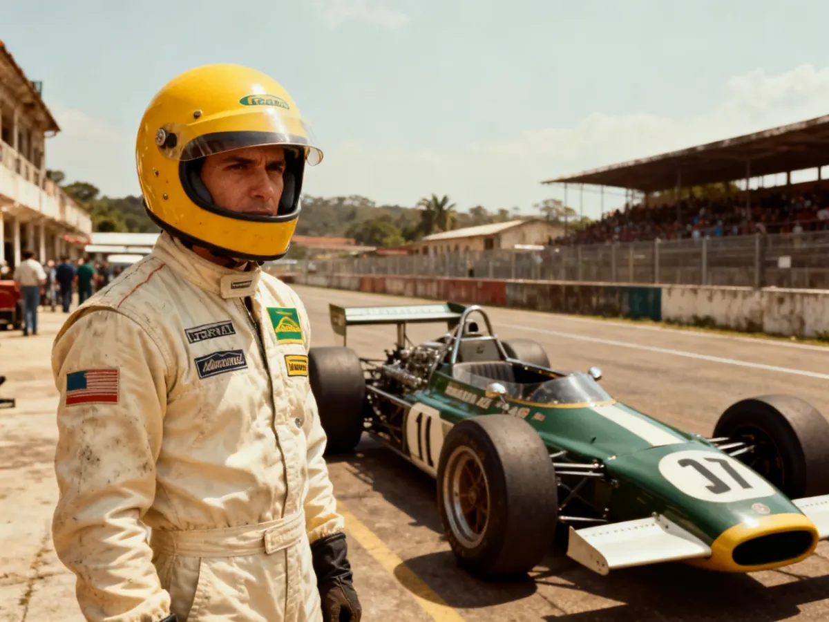 Kierowca Formuły 1 w żółtym kasku obok historycznego samochodu wyścigowego