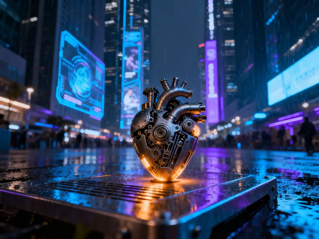 Mechaniczne serce na tle futurystycznego miasta w stylu cyberpunk, nawiązujące do estetyki filmu Alita: Battle Angel.