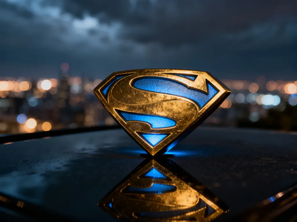 Świecący emblemat w kształcie litery „S” na tle rozmytego nocnego miasta, nawiązujący do serialu o Supergirl.