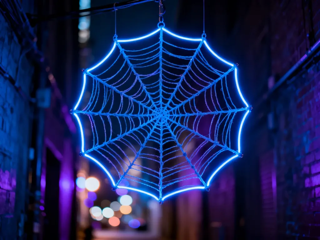 Świecąca, neonowa pajęczyna zawieszona w mrocznej miejskiej alejce, nawiązująca do klimatu filmów o Spider-Manie.