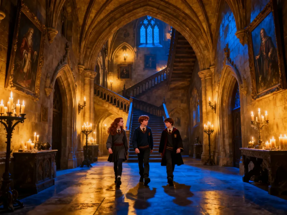 Harry, Ron i Hermiona odkrywają pełne magii wnętrza Hogwartu