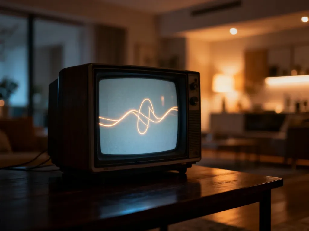 Zabytkowy telewizor z abstrakcyjnym obrazem na ekranie, ustawiony w przytulnym, przyciemnionym salonie.