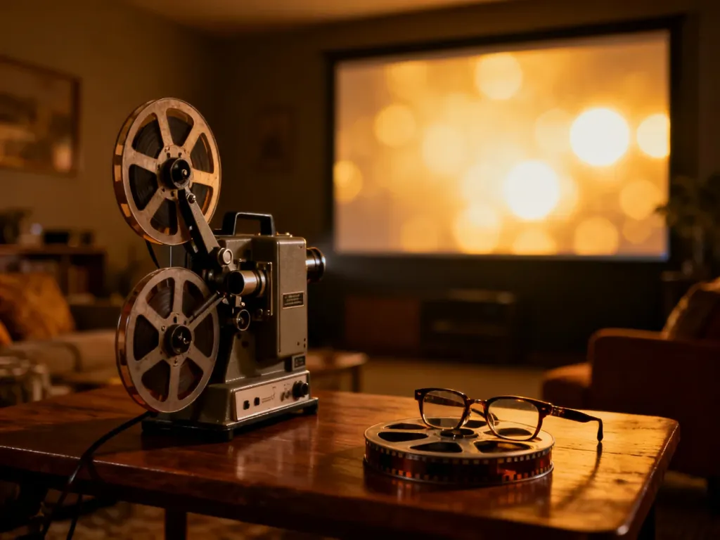 Staromodny projektor filmowy i szpula z taśmą 35mm w przytulnym kinie domowym, budujące nostalgiczną atmosferę.