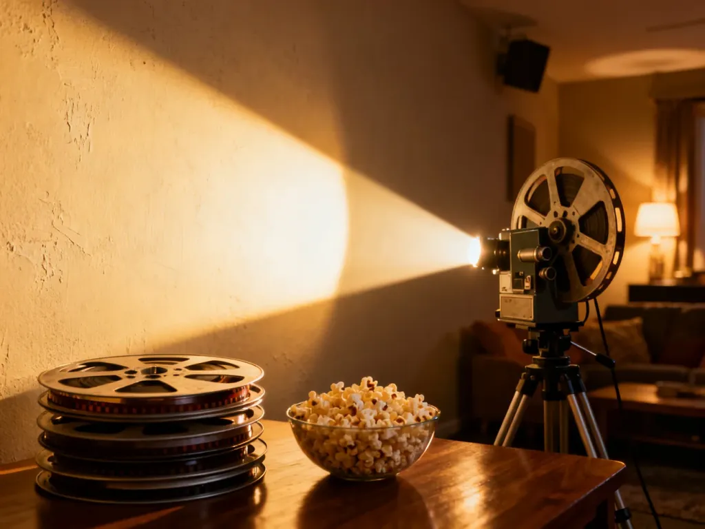 Projektor filmowy rzucający światło na ścianę, obok szpule z taśmami i popcorn w przytulnej sali kinowej.