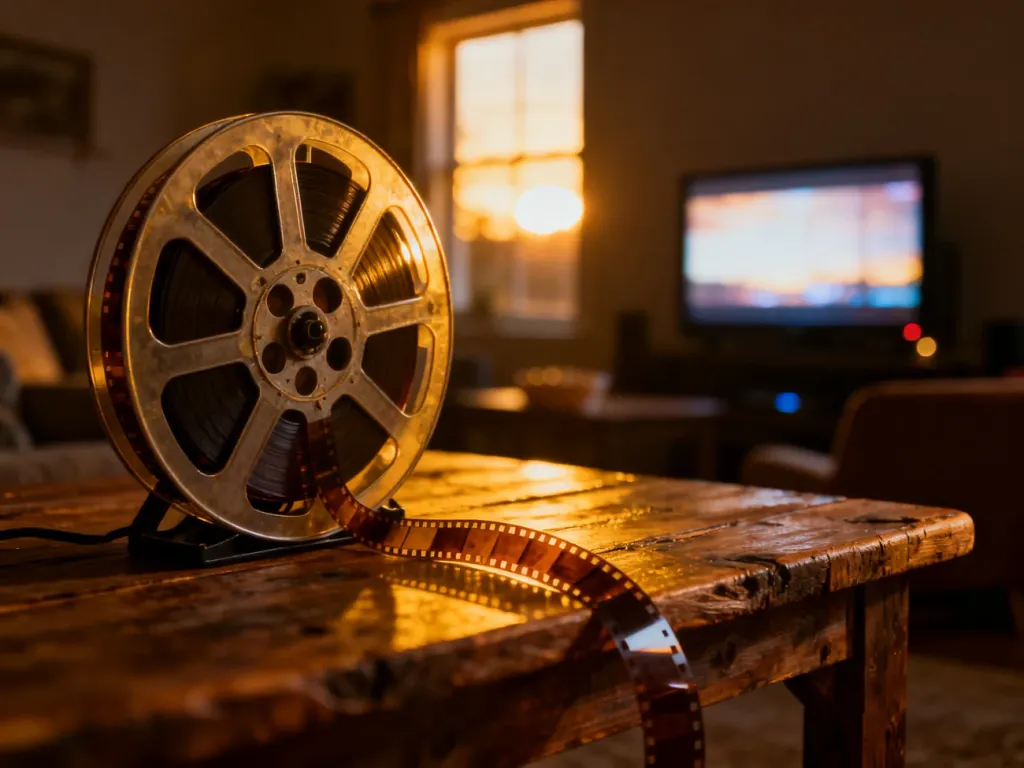 Szpula z taśmą filmową na drewnianym stole w przytulnym kinie domowym, budująca nostalgiczny klimat wieczornego seansu.