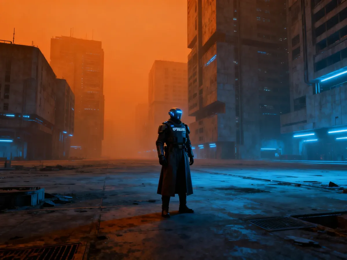 Samotny funkcjonariusz w futurystycznym, dystopijnym mieście