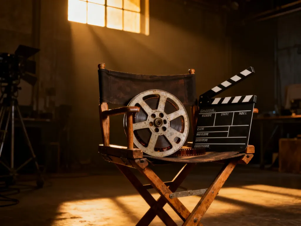 Szpula filmu i klaps filmowy na reżyserskim krześle w klimatycznym studiu filmowym.