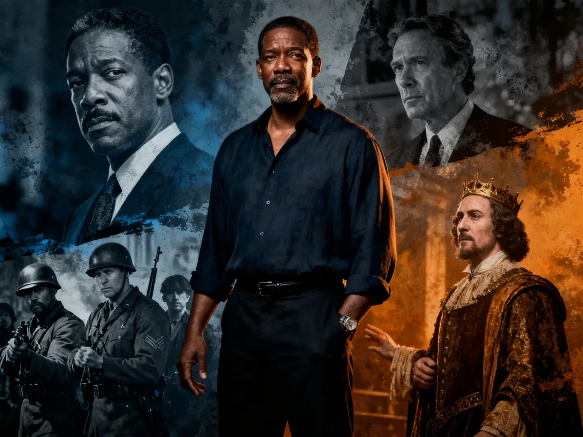 Denzel Washington przedstawiony w nastrojowej kompozycji nawiązującej do jego różnorodnych ról filmowych