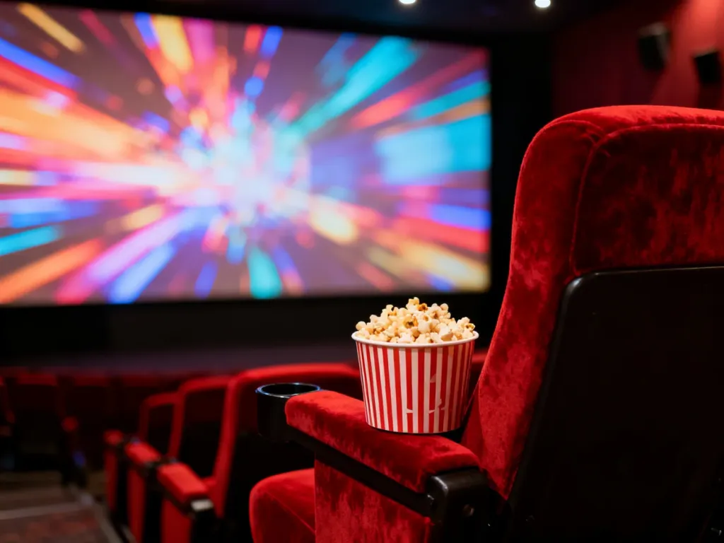 Wygodny fotel kinowy z kubełkiem popcornu na tle rozmytego ekranu, zapowiadający seans filmowy.