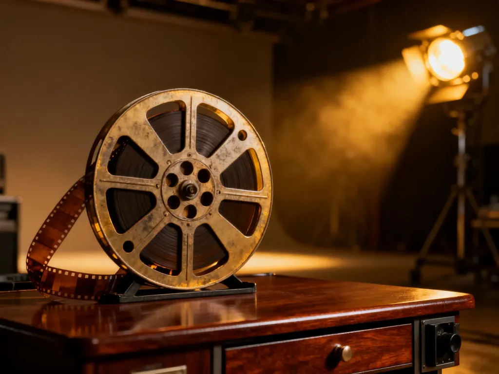 Szpula z taśmą filmową na biurku reżysera w klimatycznym studiu filmowym, nawiązująca do świata kina.