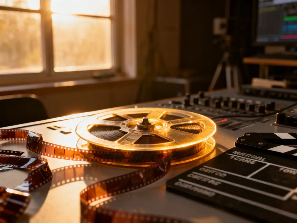 Kręcąca się szpula filmowa na stole montażowym w ciepłym świetle, budująca profesjonalną i nostalgiczną atmosferę kina.