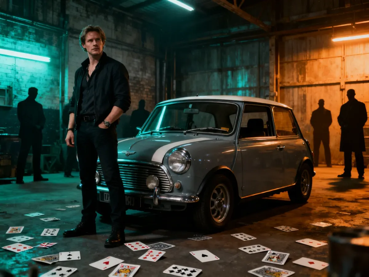 Jason Statham-inspired getaway driver beside a Mini Cooper in a moody London crime scene