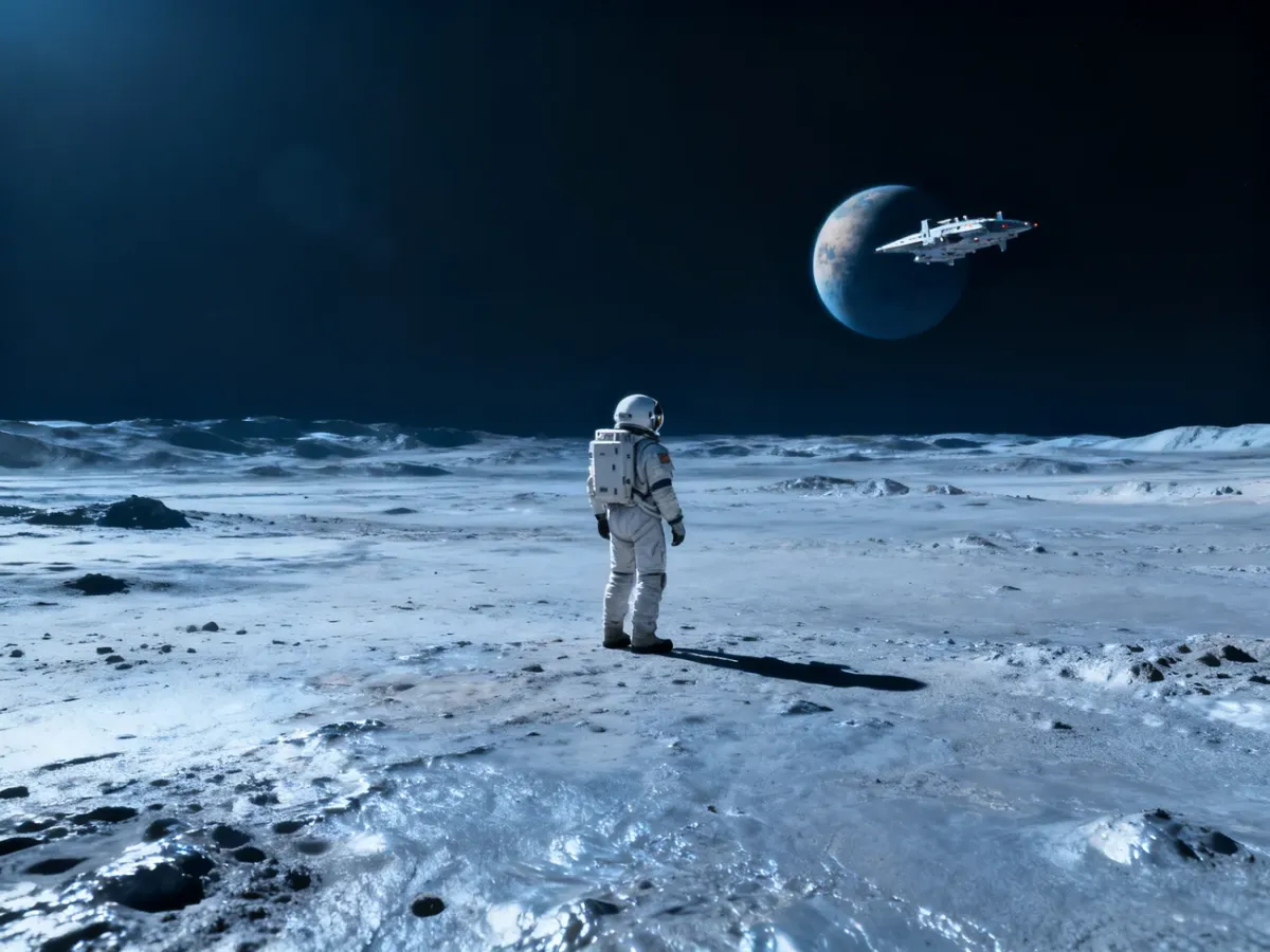 Samotny astronauta na obcej planecie z odległą planetą w tle