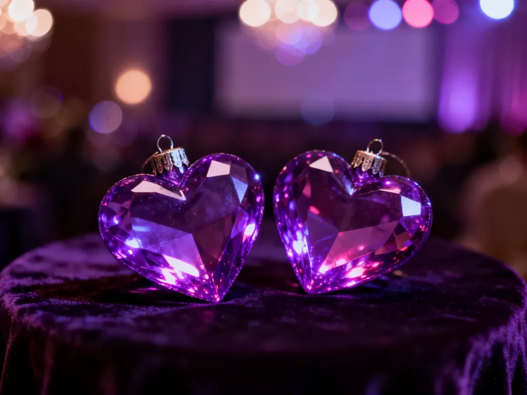 Dwa eleganckie, świecące purpurowe serca na aksamitnym tle, budujące romantyczny nastrój w kinowym stylu.