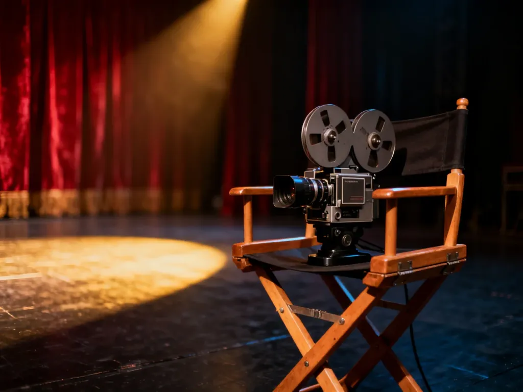 Stary aparat filmowy na reżyserskim krześle w klimatycznym świetle sceny teatralnej.