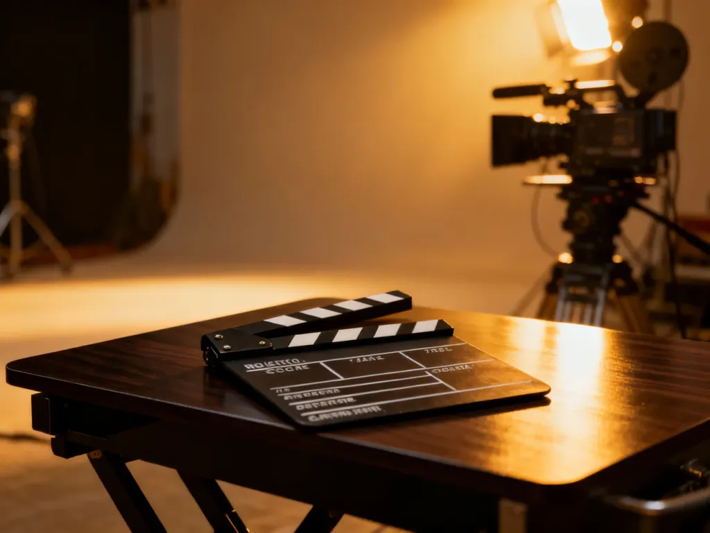 Klapa filmowa na biurku reżysera w profesjonalnym studiu filmowym z oświetleniem w stylu złotej godziny.