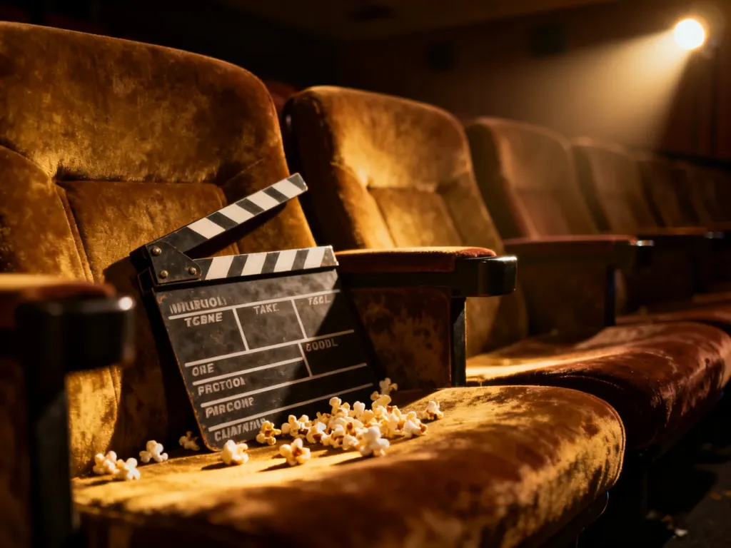 Klapa filmowa na aksamitnym fotelu w pustej sali kinowej, budująca nastrojowy klimat oczekiwania na premierę filmu.