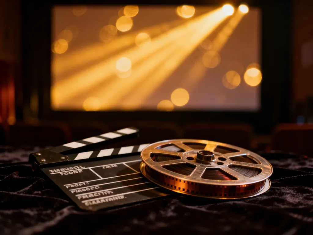 Taśma filmowa i klaps na aksamitnym tle w kinowej oprawie, budujące atmosferę oczekiwania na premierę filmu.