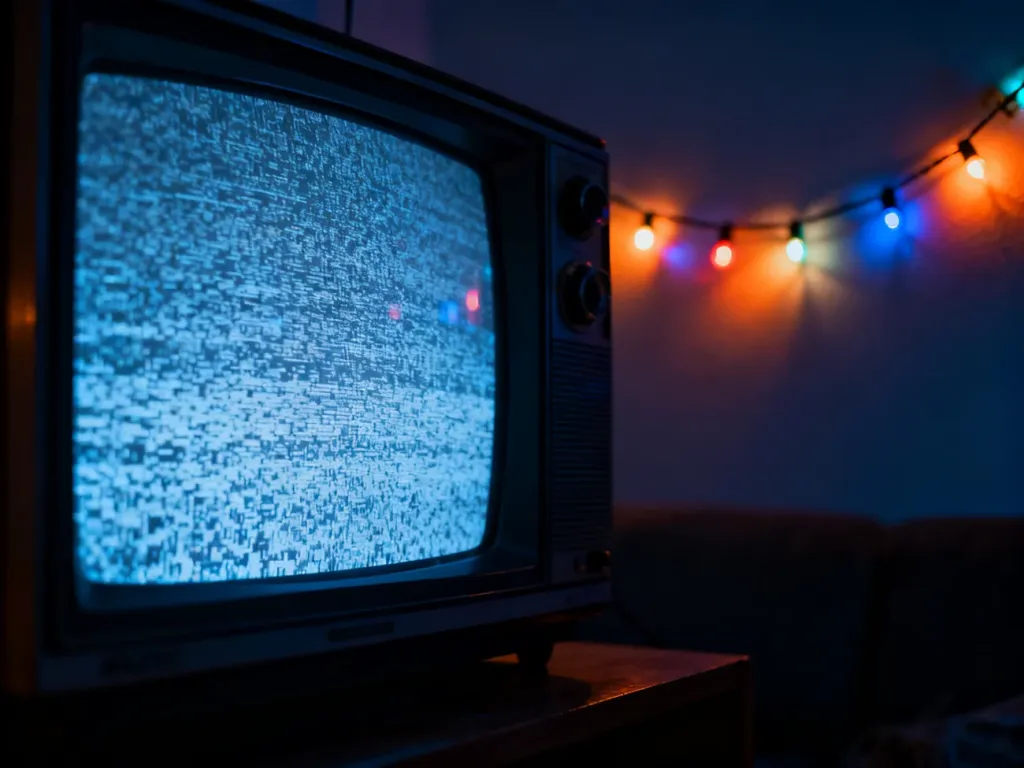 Stary telewizor z szumem ekranu i kolorowe lampki w klimacie lat 80., nawiązujące do estetyki serialu Stranger Things.
