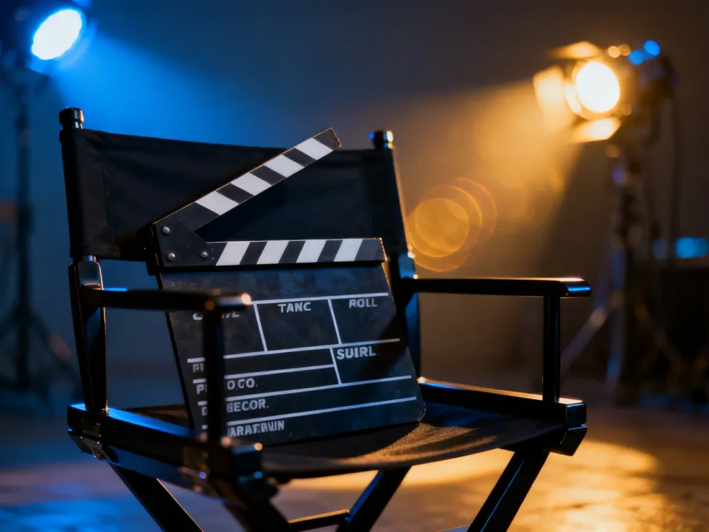 Profesjonalny klaps filmowy na reżyserskim krześle w klimatycznym oświetleniu studia filmowego.