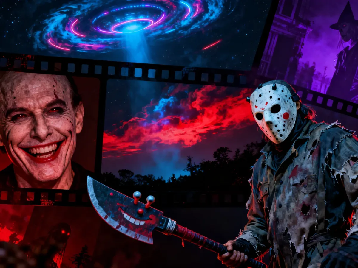 Kolaż motywów współczesnych horrorów przedstawionych w komediowym stylu