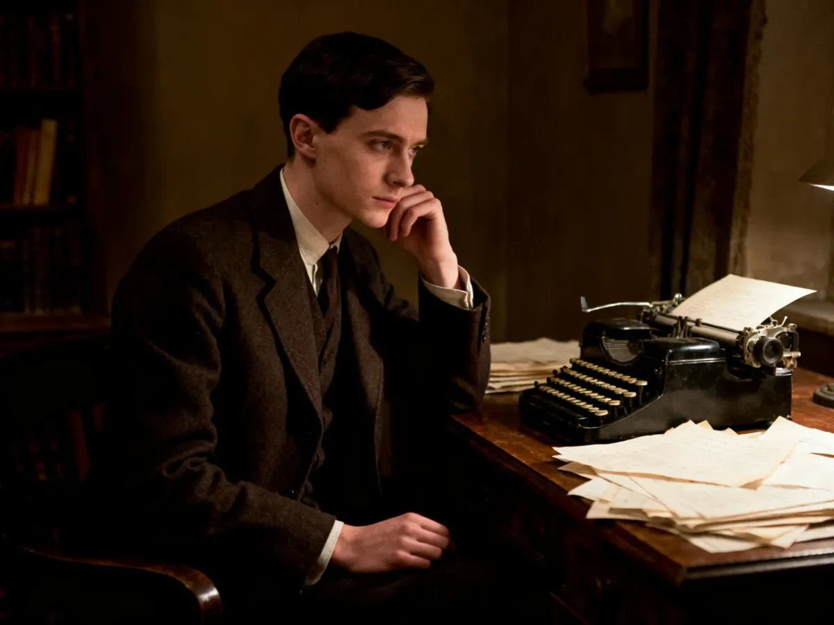 Franz Kafka jako młody pisarz przy biurku w nastrojowym gabinecie