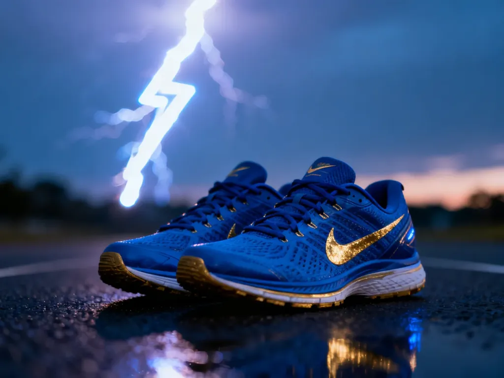 Niebieskie buty sportowe na podświetlonym tle, nawiązujące do szybkiego stylu biegania Sonica.