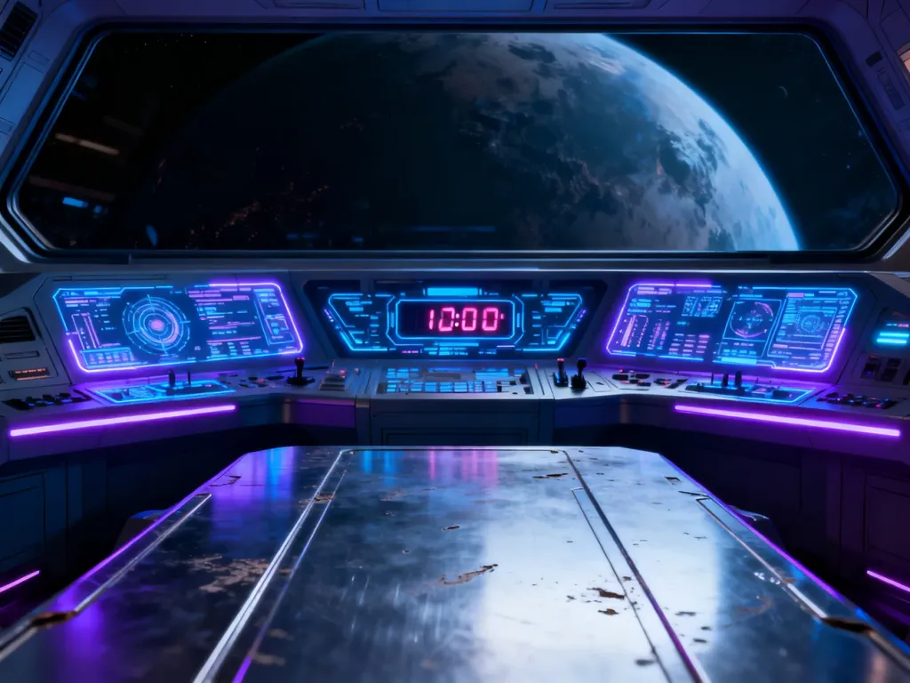 Futurystyczna konsola statku kosmicznego z hologramami i widokiem na tajemniczą planetę w tle.