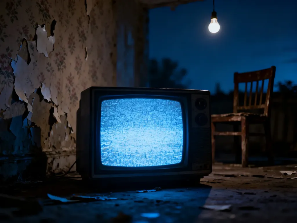 Stary telewizor z szumiącym ekranem w mrocznym, zaniedbanym pokoju, oddający surowy klimat filmu Gummo.