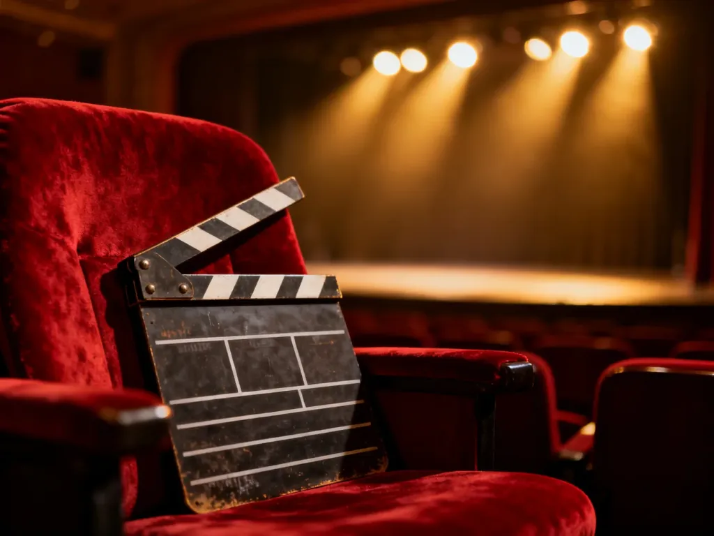 Klapa filmowa na czerwonym fotelu w pustym kinie, budująca nastrojowy klimat zapowiedzi filmowej.