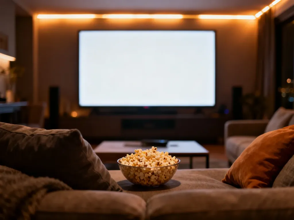 Przytulny salon z kinem domowym, wygodną kanapą i miską popcornu, przygotowany do wieczornego seansu filmowego.