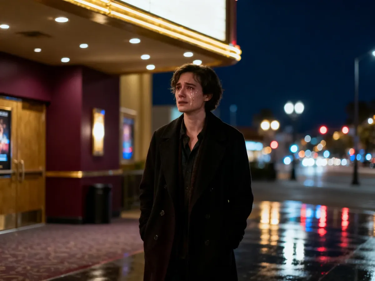 Widz opuszczający nocą kino po poruszającym seansie